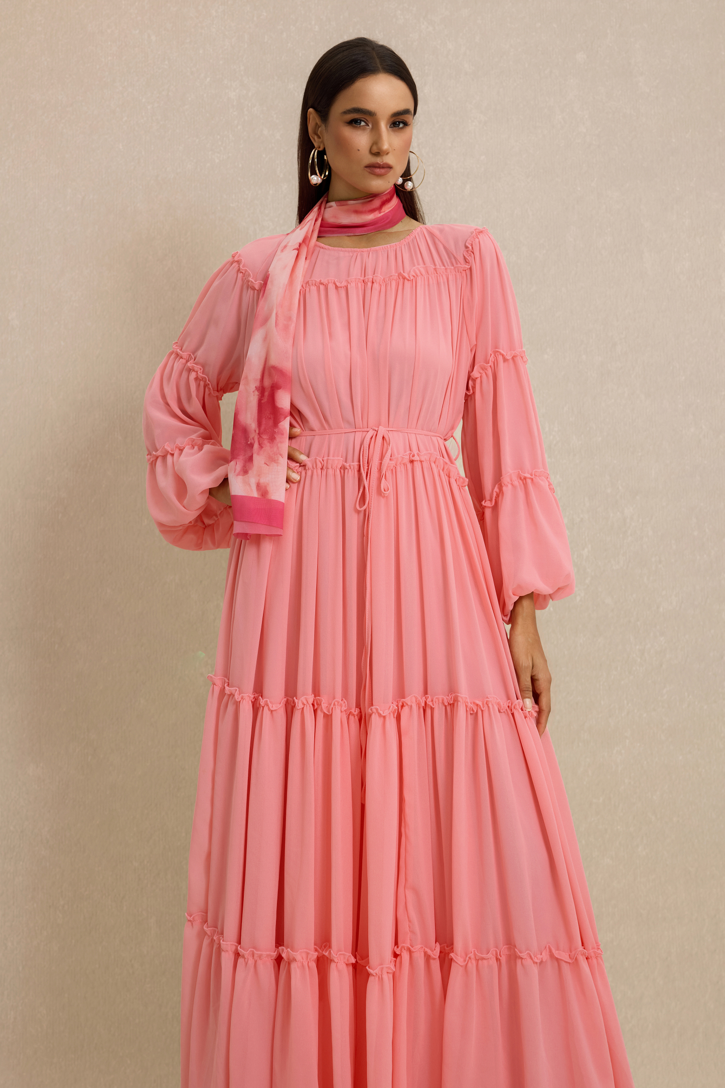Frill Lantern Sleeve Round Neck Midi Dress