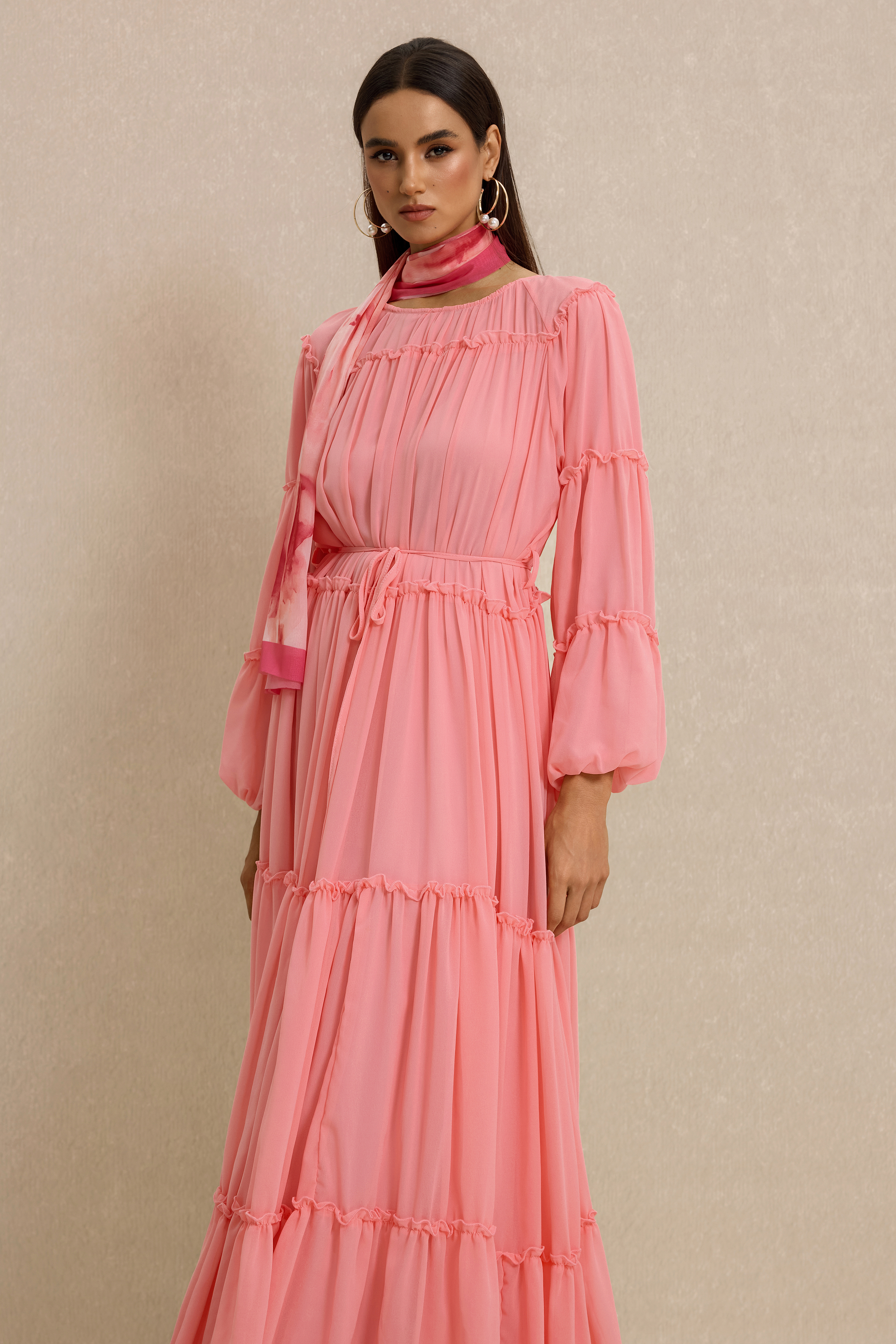 Frill Lantern Sleeve Round Neck Midi Dress