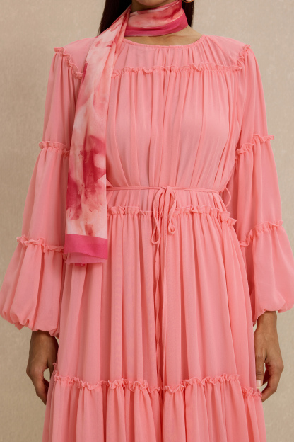 Frill Lantern Sleeve Round Neck Midi Dress