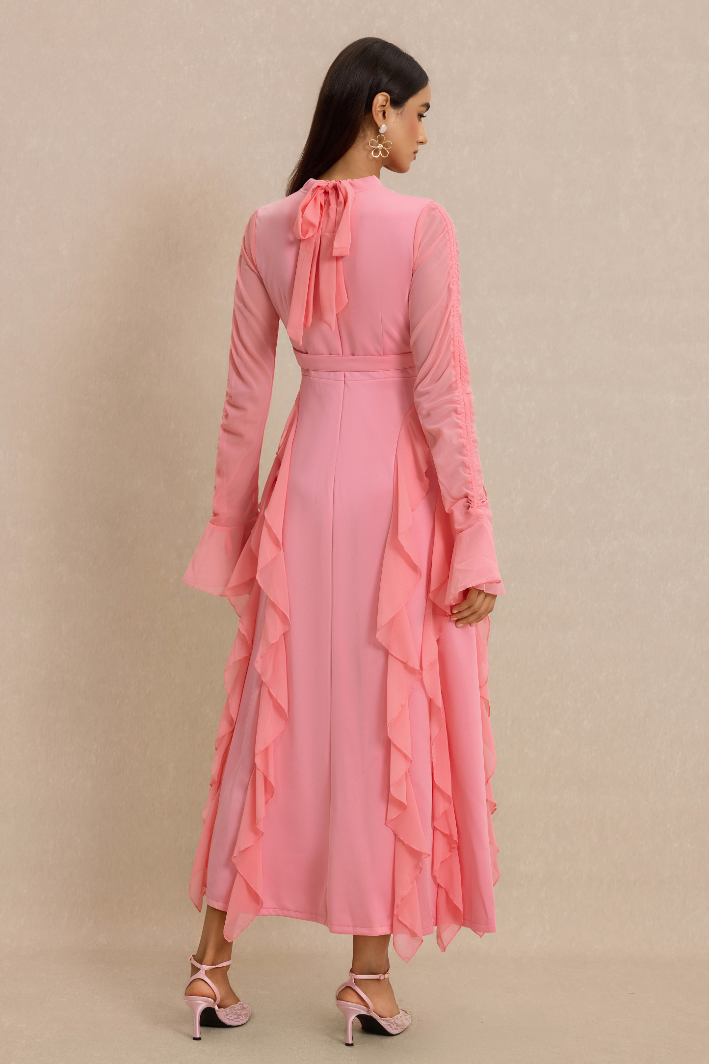 Ruffle Stand Collar Long Sleeve Maxi Dress