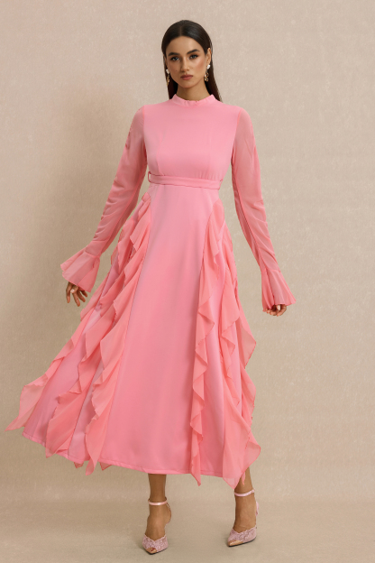 Ruffle Stand Collar Long Sleeve Maxi Dress