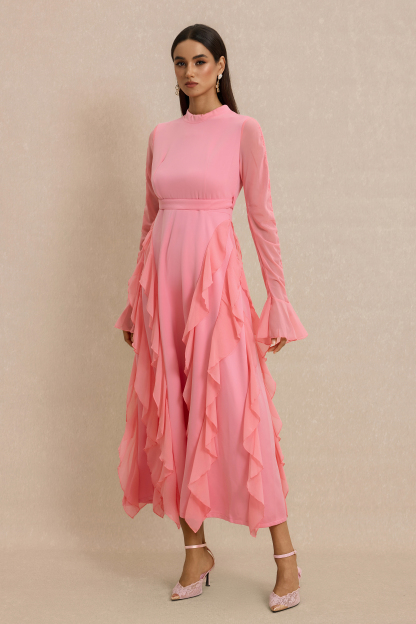 Ruffle Stand Collar Long Sleeve Maxi Dress