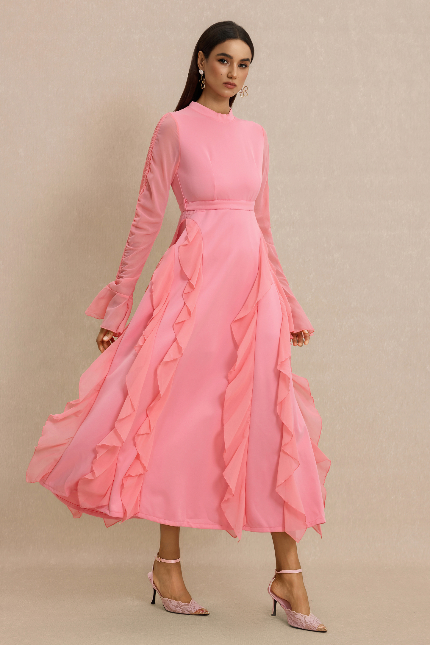 Ruffle Stand Collar Long Sleeve Maxi Dress