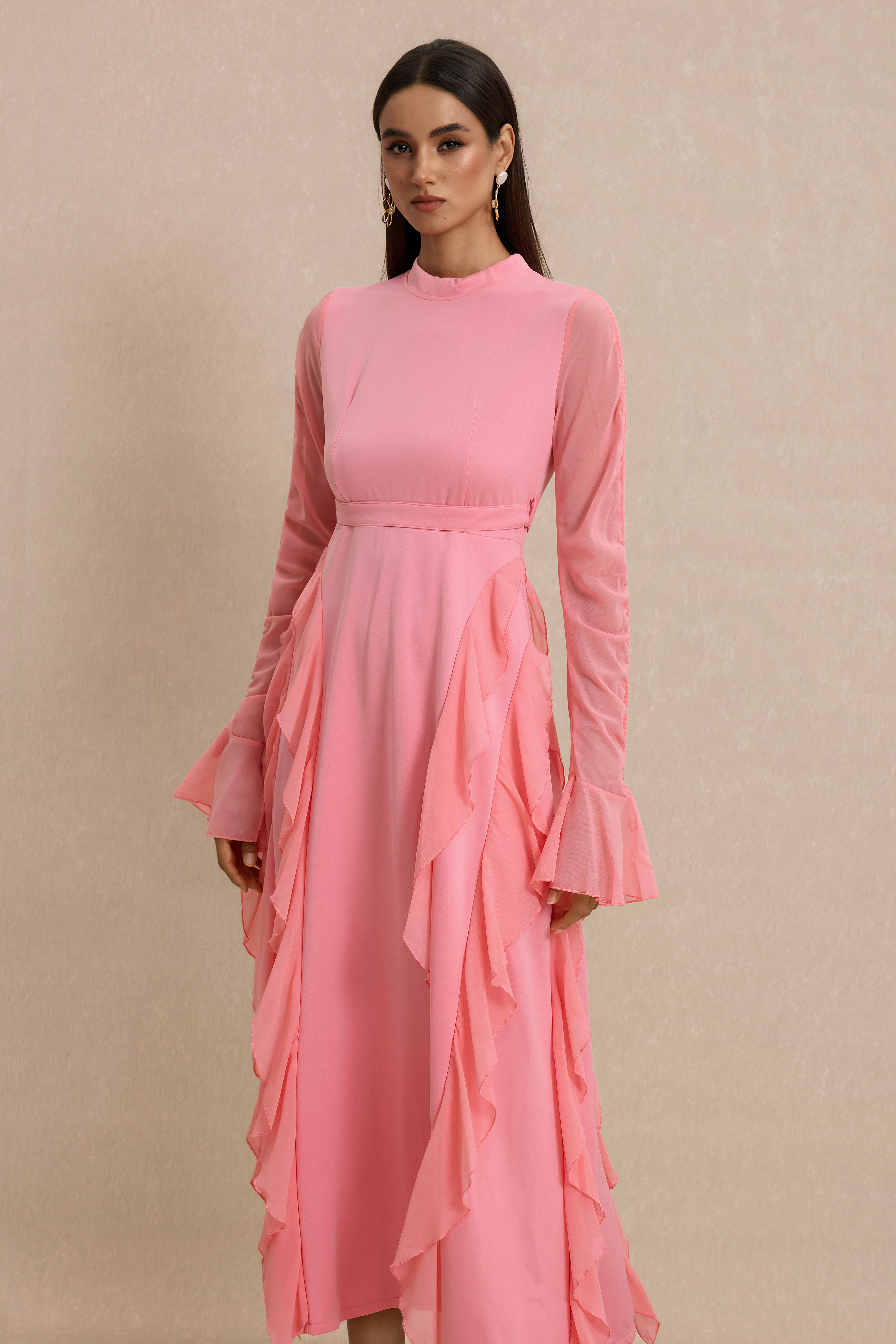 Ruffle Stand Collar Long Sleeve Maxi Dress
