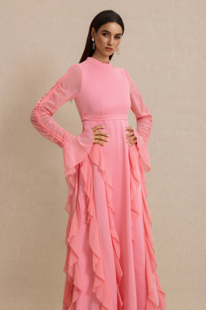 Ruffle Stand Collar Long Sleeve Maxi Dress