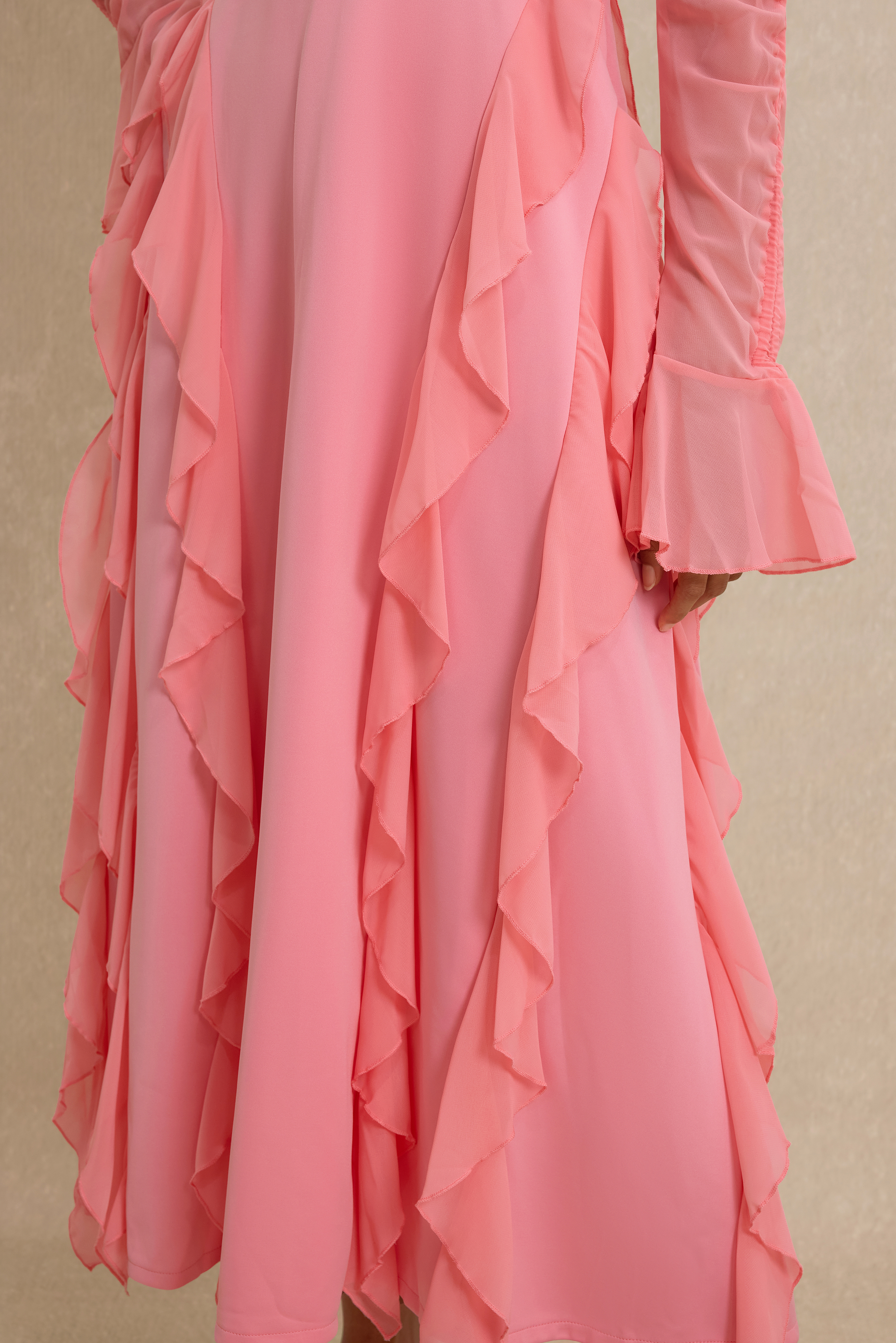 Ruffle Stand Collar Long Sleeve Maxi Dress