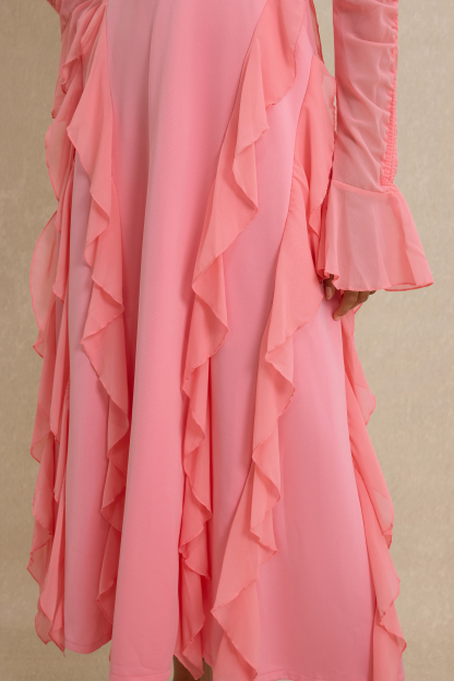 Ruffle Stand Collar Long Sleeve Maxi Dress