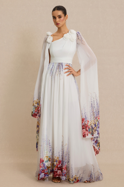 3D Flower Floral Cape Sleeve Maxi Dress
