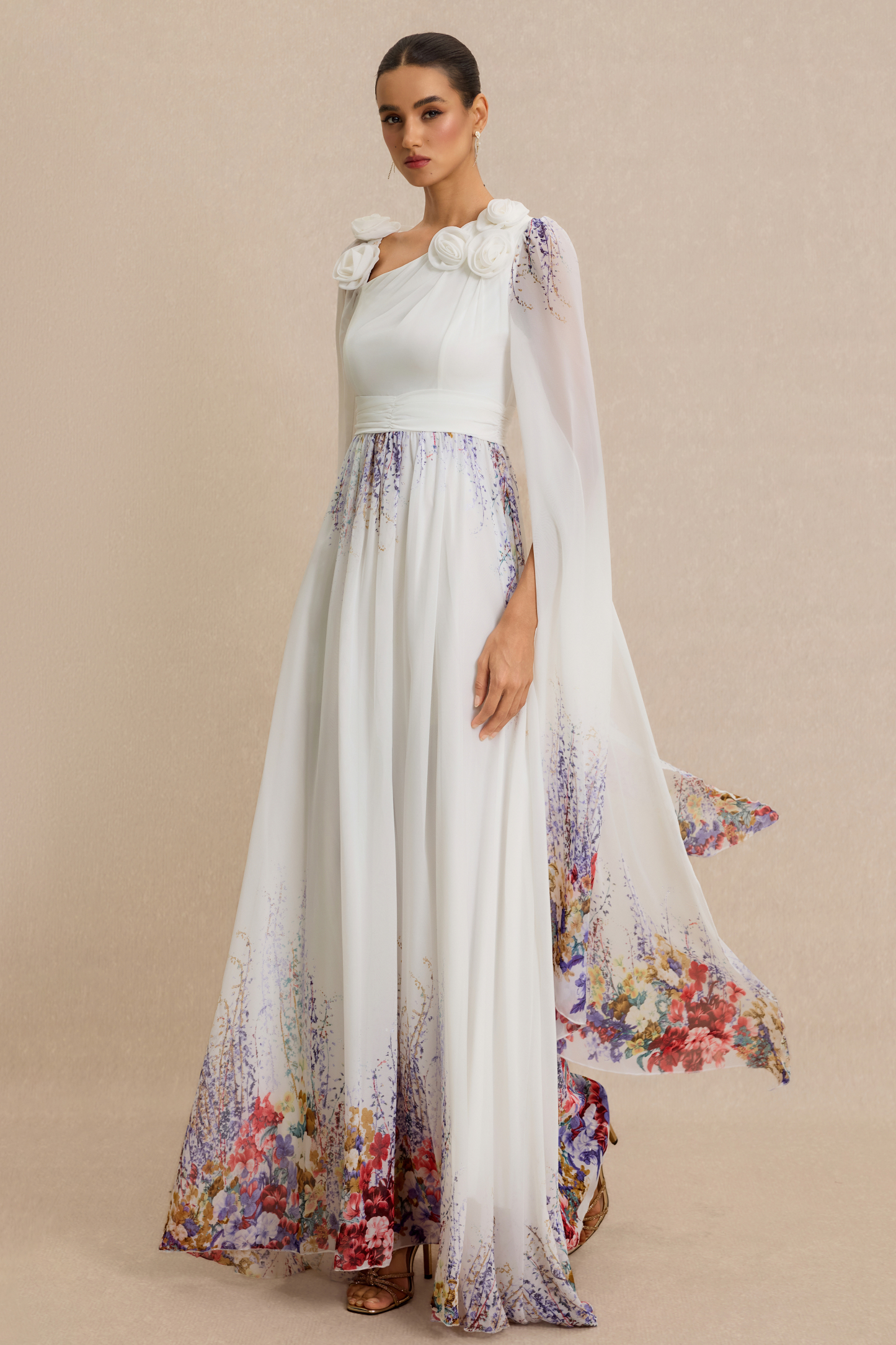 3D Flower Floral Cape Sleeve Maxi Dress