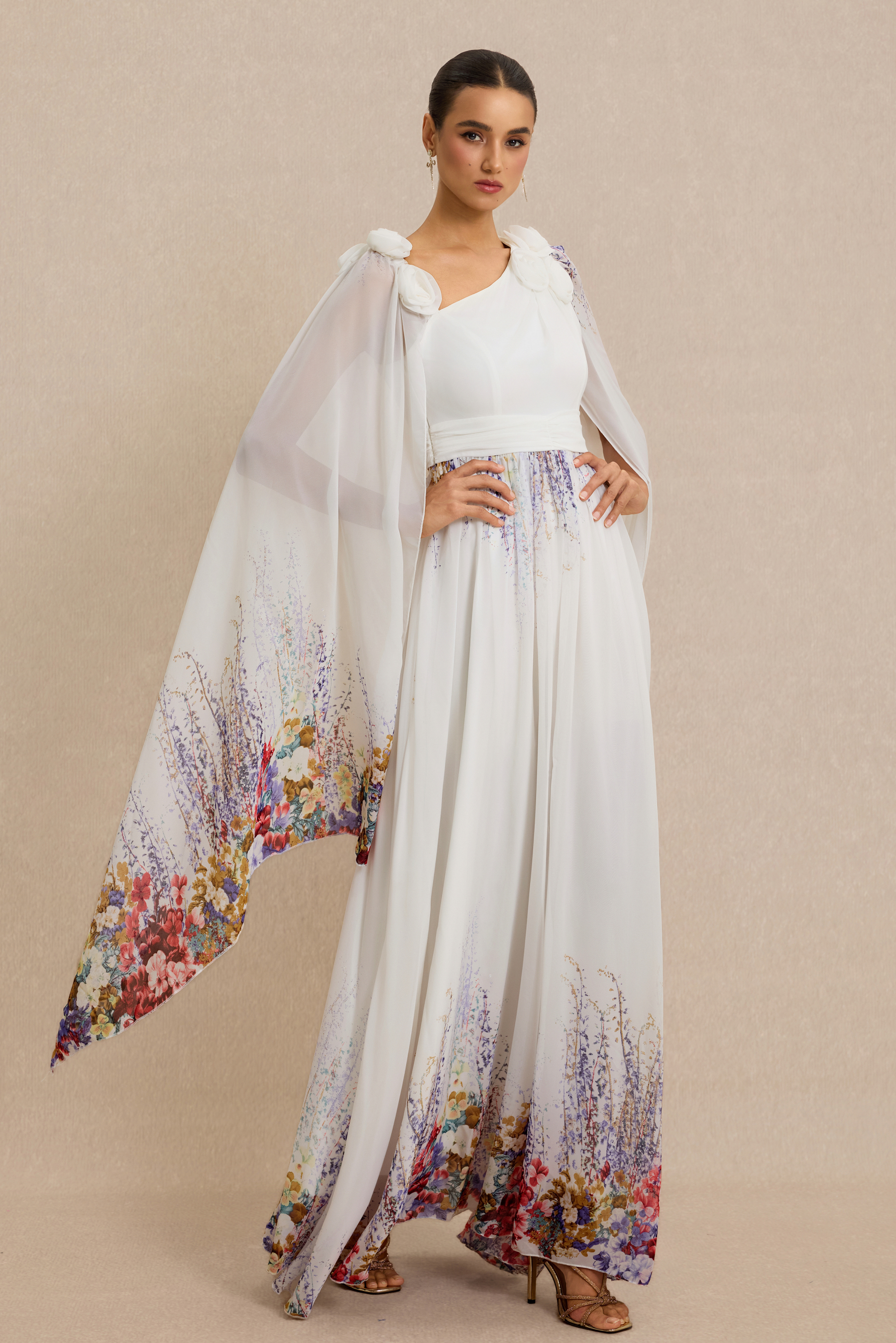 3D Flower Floral Cape Sleeve Maxi Dress