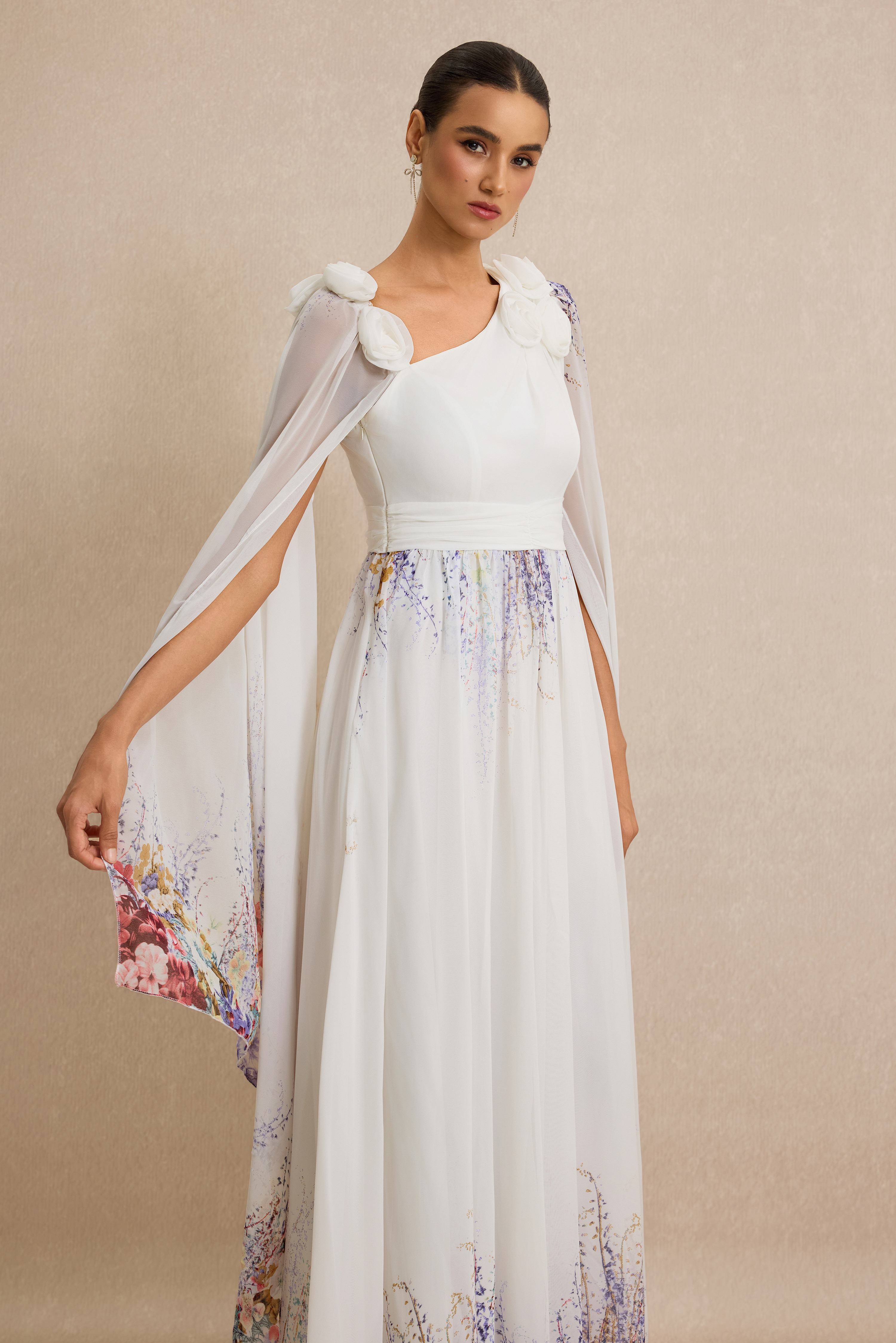 3D Flower Floral Cape Sleeve Maxi Dress