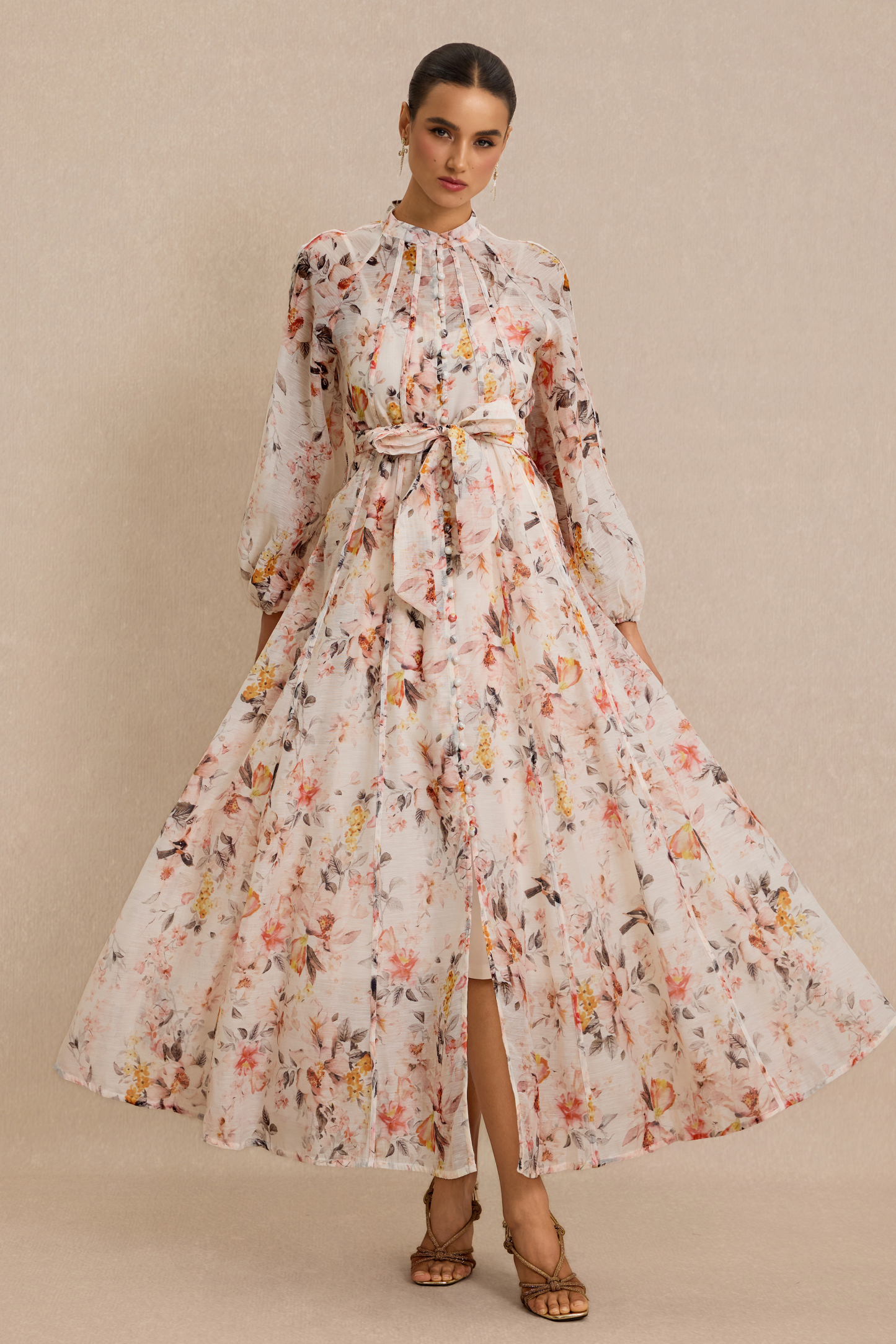 Floral Raglan Sleeve Single Breasted Midi Dress