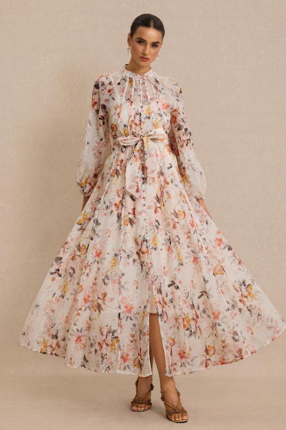 Floral Raglan Sleeve Single Breasted Midi Dress
