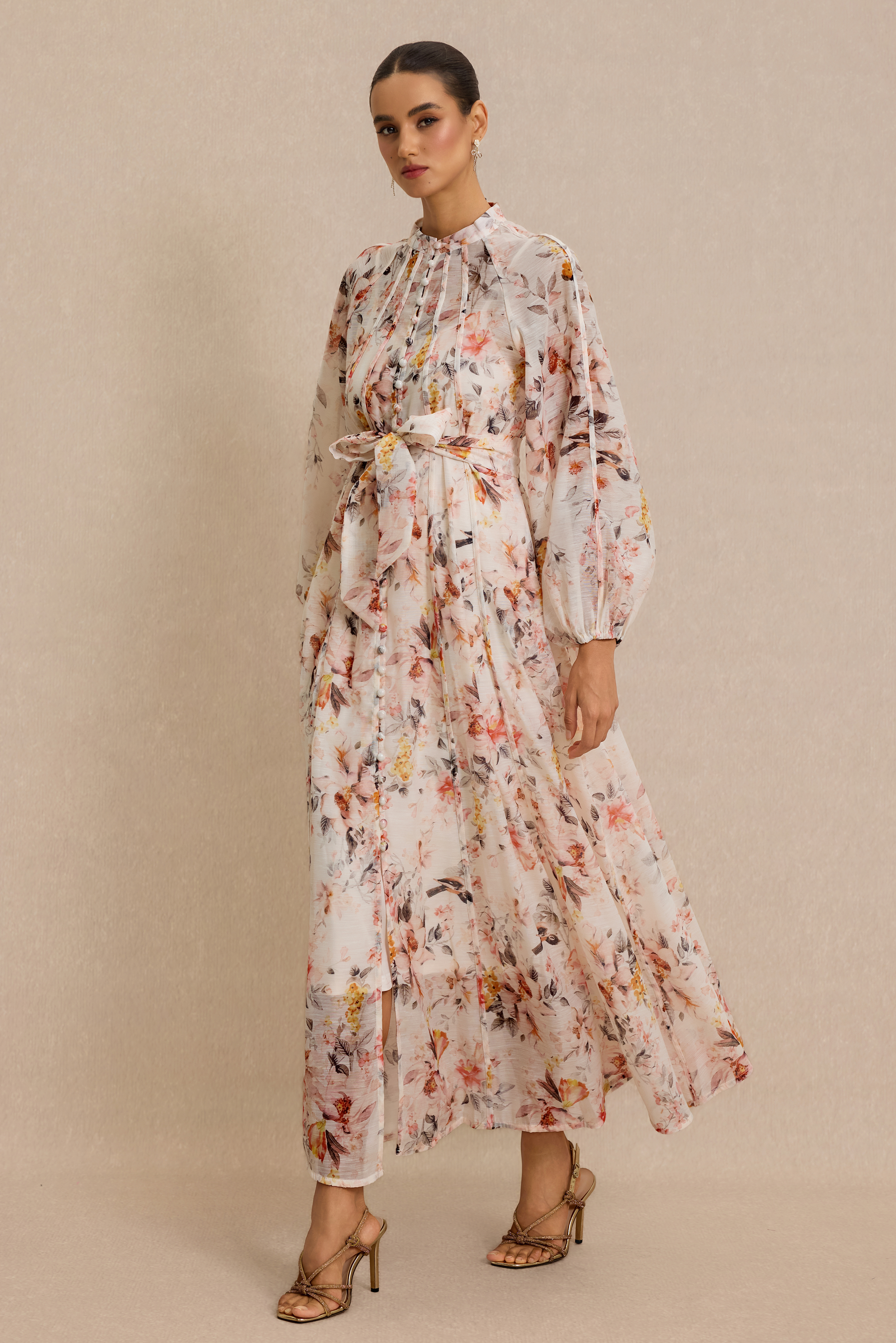 Floral Raglan Sleeve Single Breasted Midi Dress
