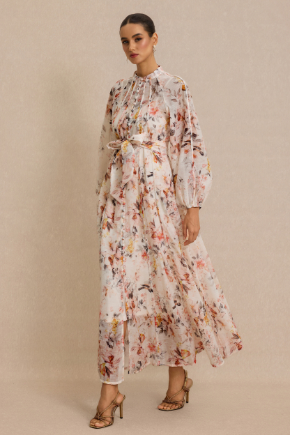 Floral Raglan Sleeve Single Breasted Midi Dress