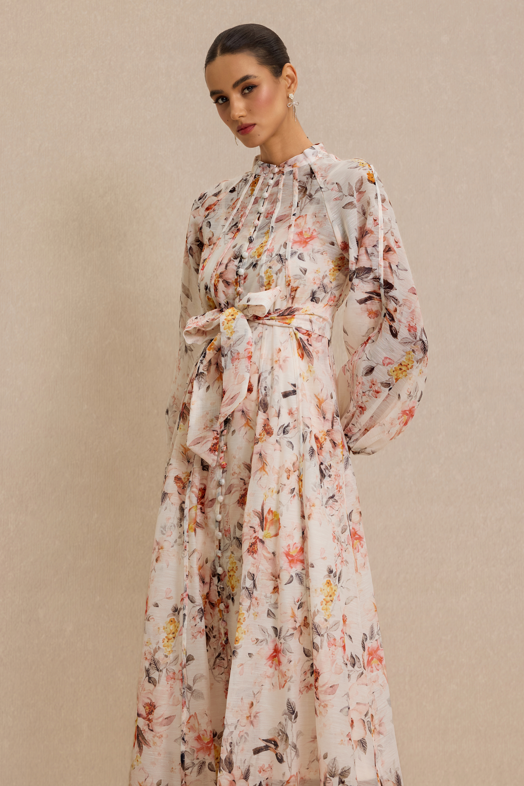 Floral Raglan Sleeve Single Breasted Midi Dress