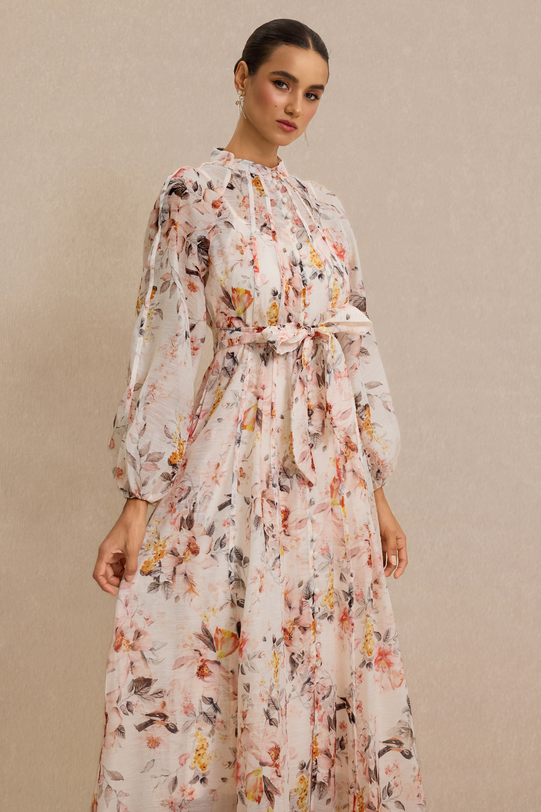 Floral Raglan Sleeve Single Breasted Midi Dress