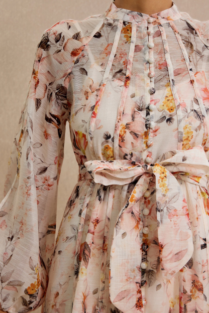 Floral Raglan Sleeve Single Breasted Midi Dress