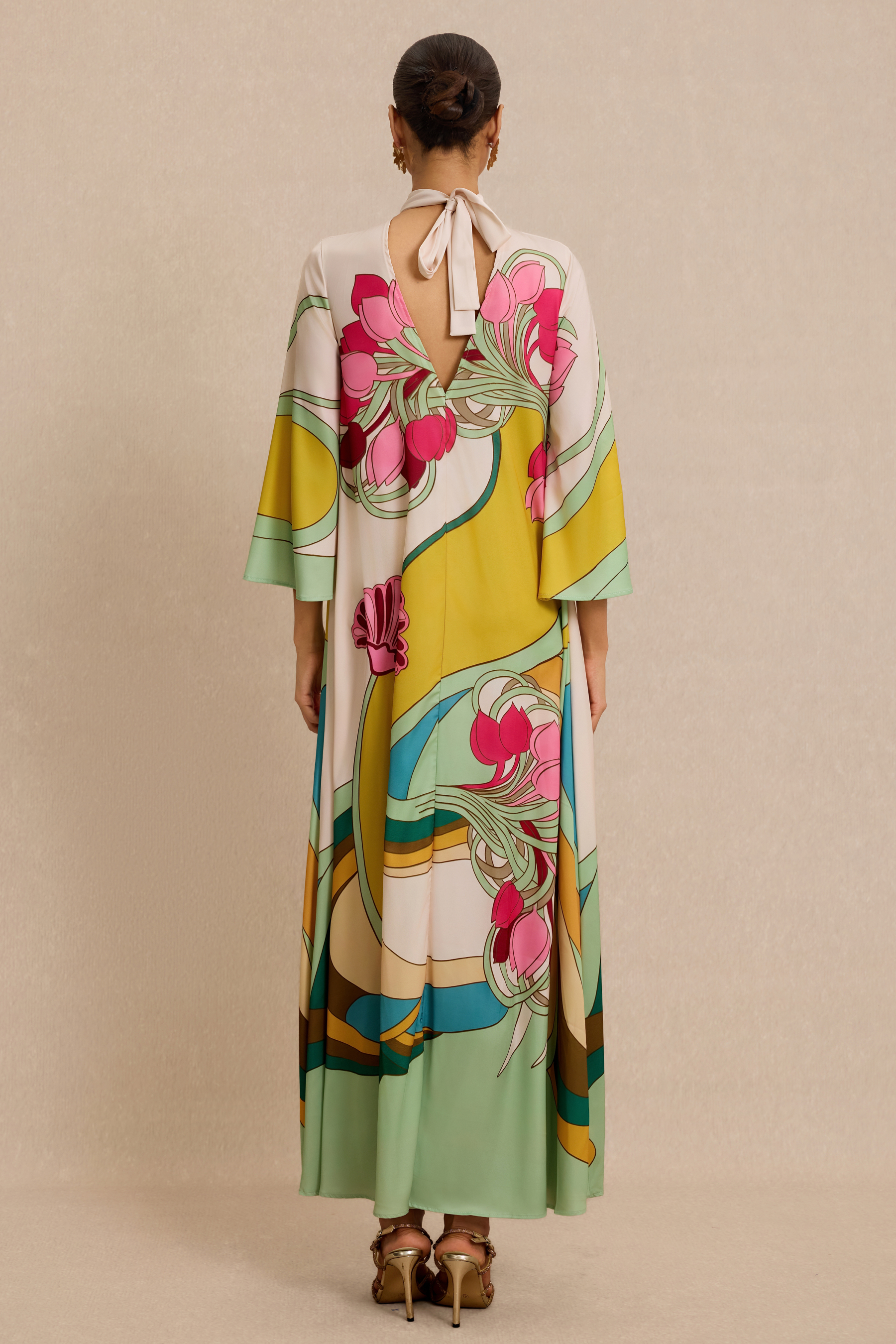 Satin Paisley Print  Bell Sleeve Midi Dress