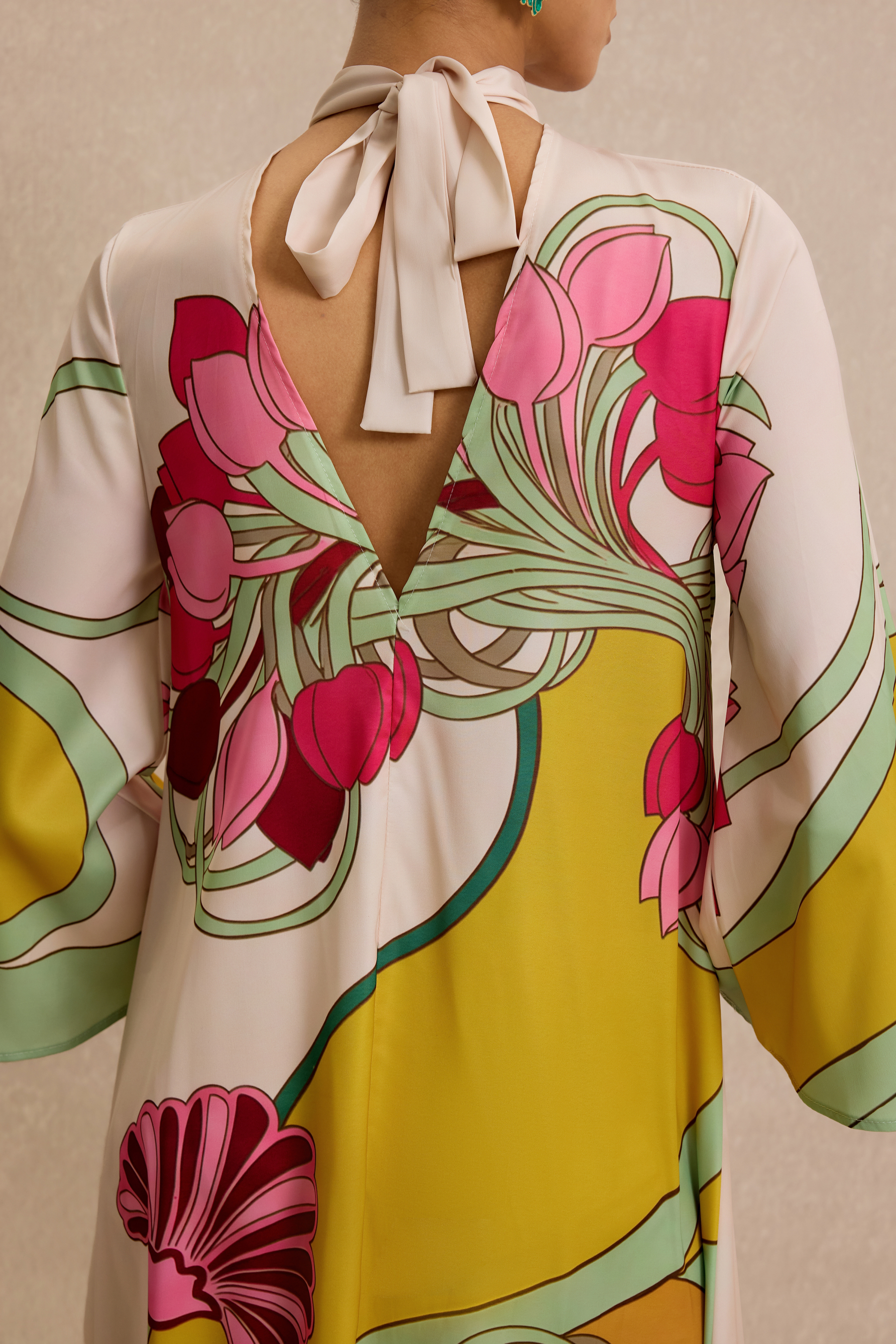 Satin Paisley Print  Bell Sleeve Midi Dress