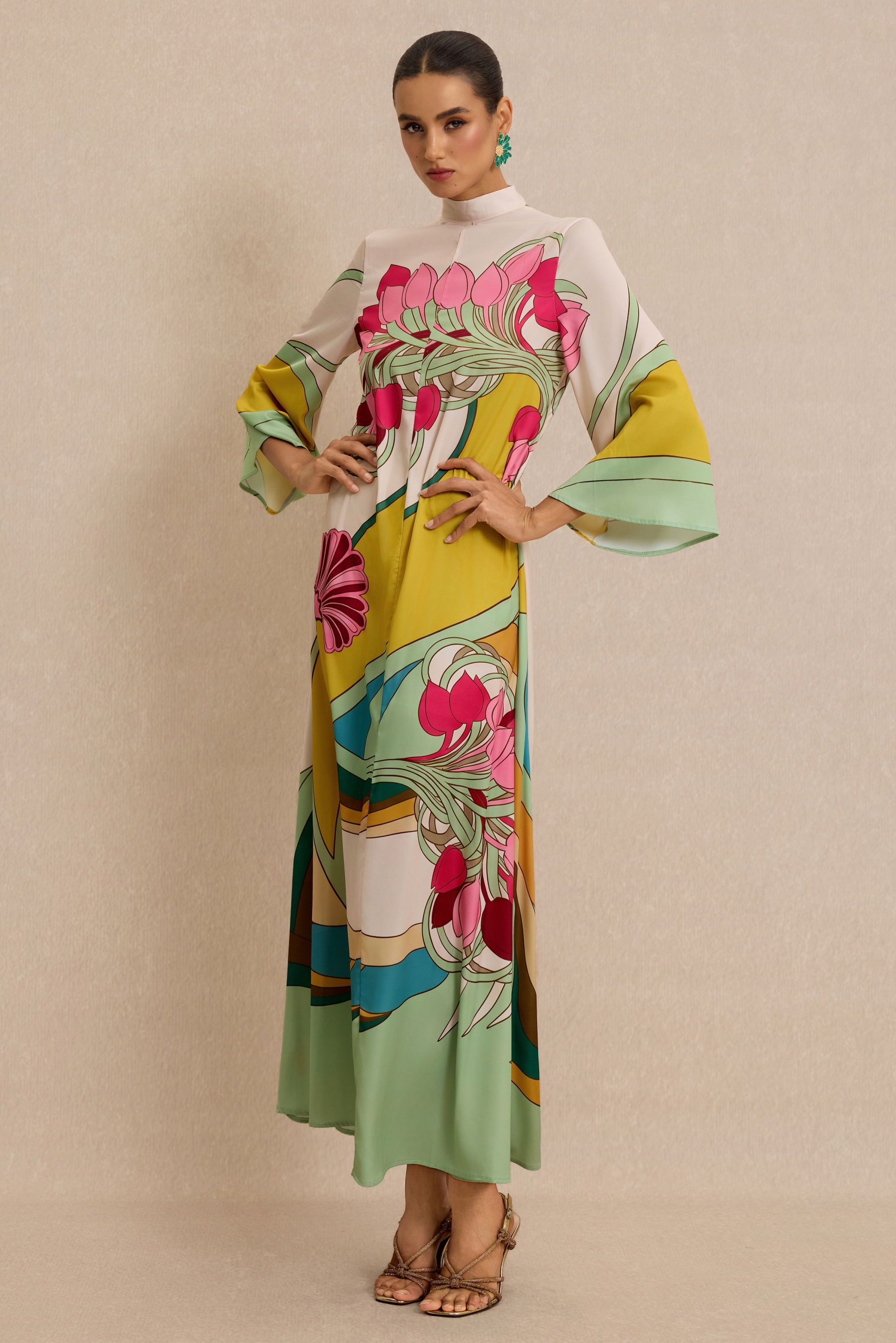 Satin Paisley Print  Bell Sleeve Midi Dress