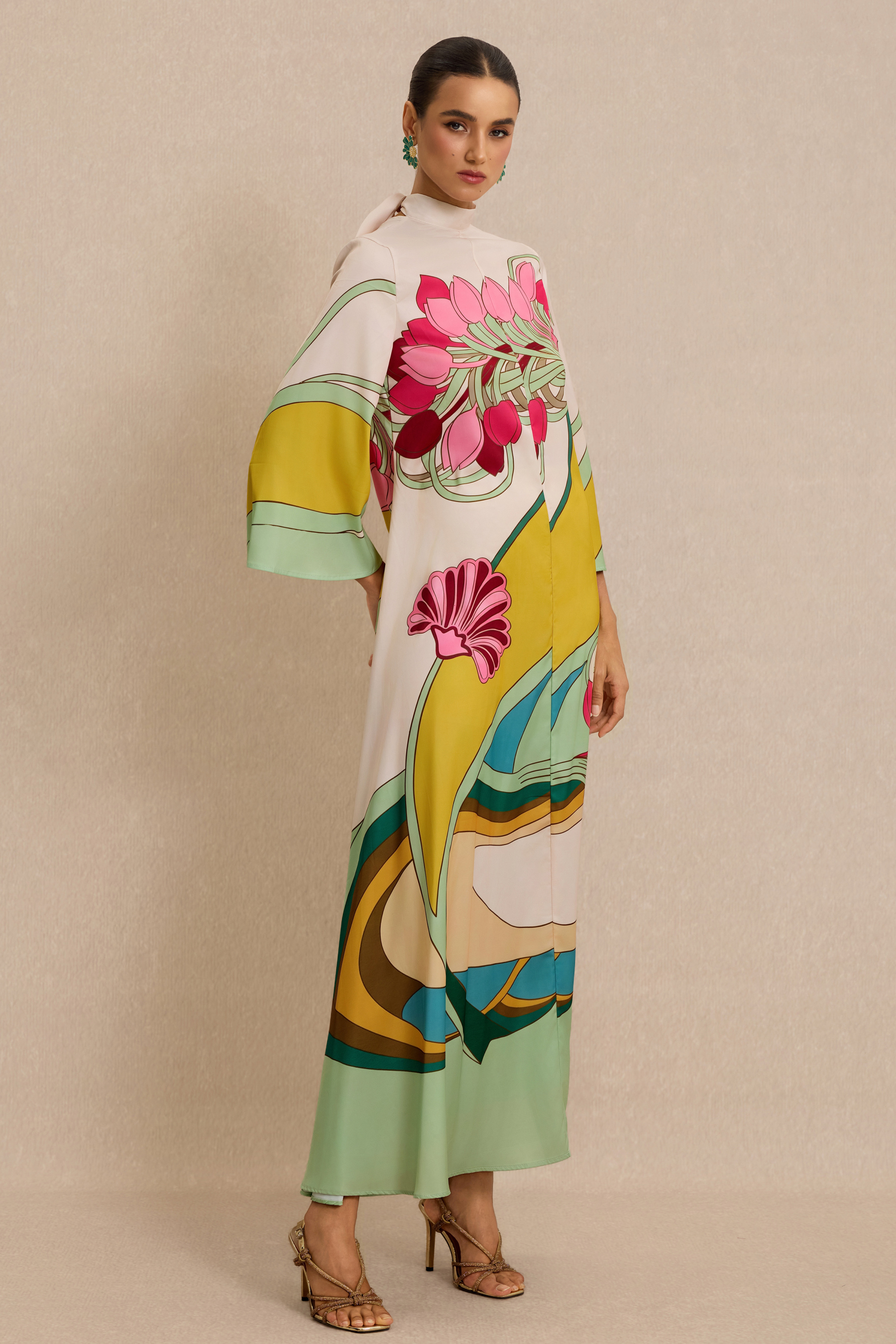 Satin Paisley Print  Bell Sleeve Midi Dress