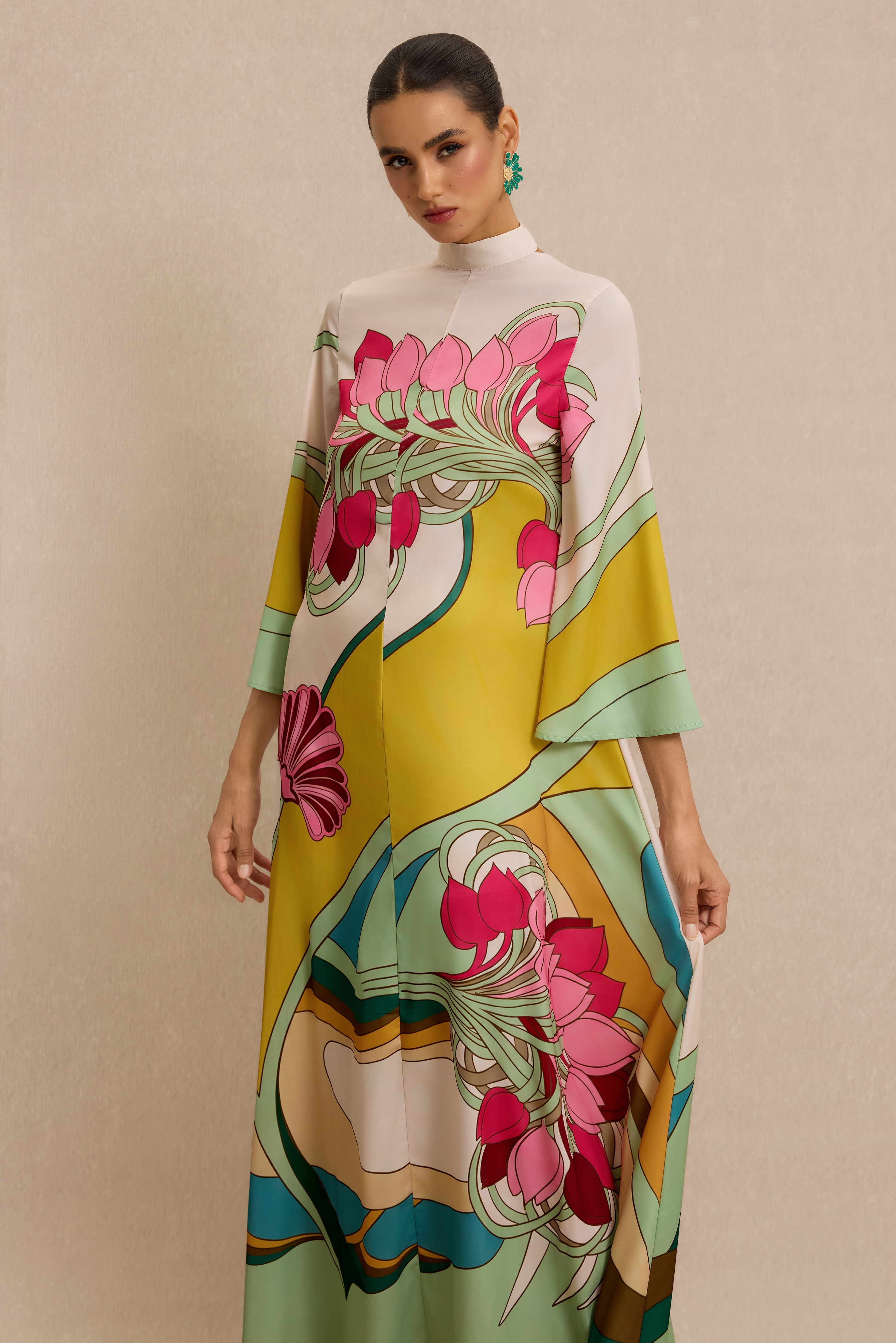 Satin Paisley Print  Bell Sleeve Midi Dress