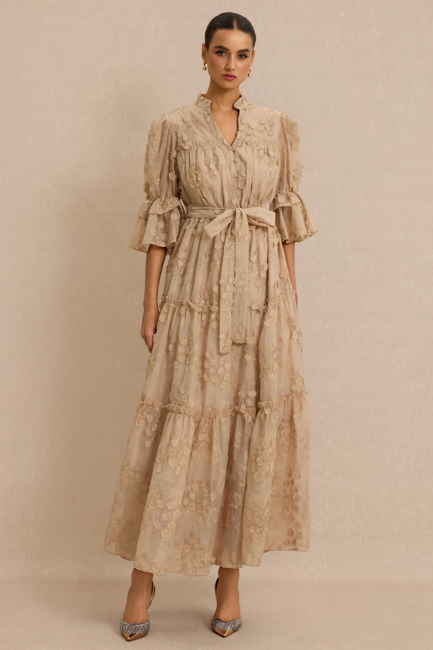 Embroidered Ruffle Midi Dress With Belt