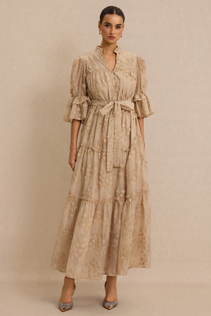 Embroidered Ruffle Midi Dress With Belt