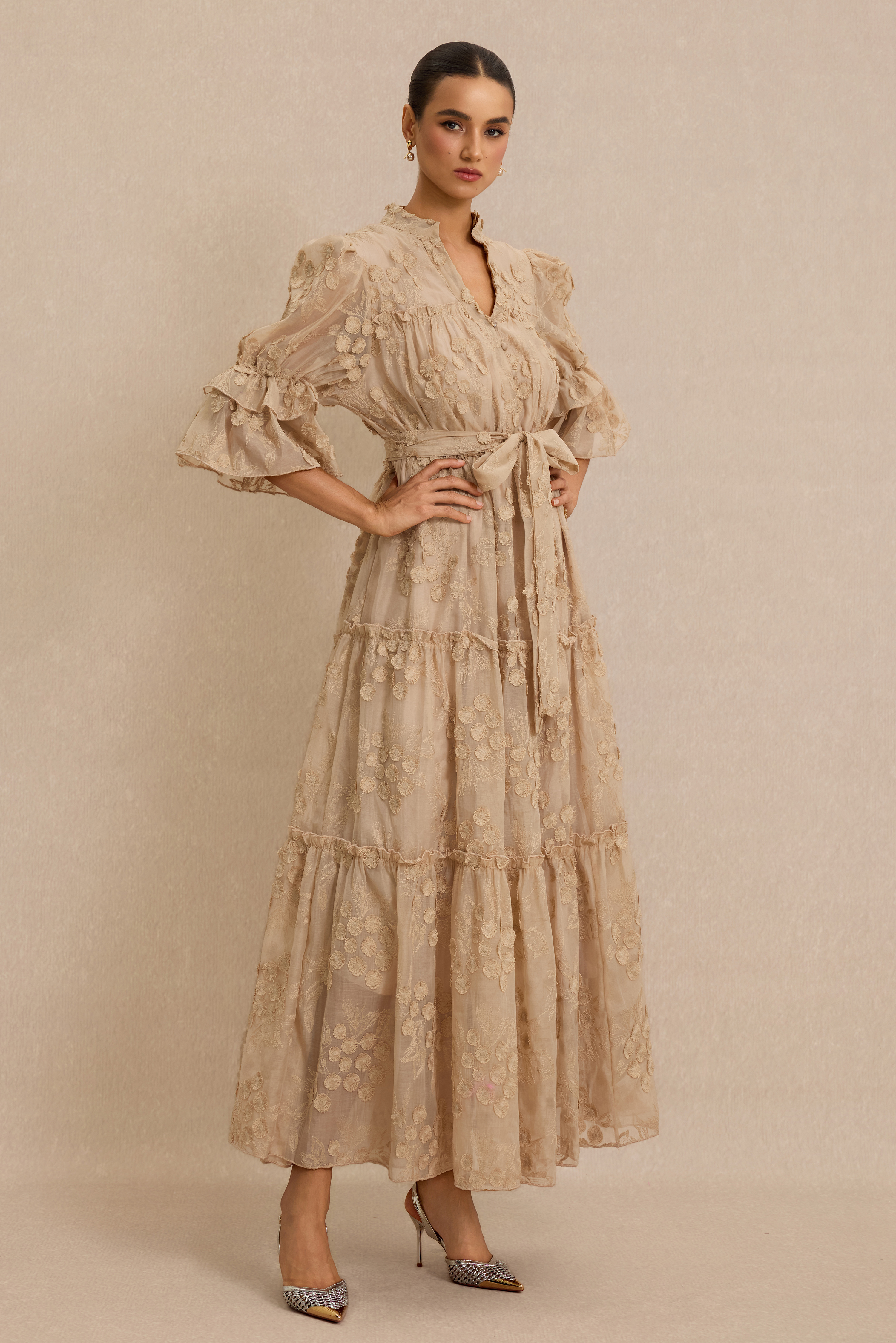 Embroidered Ruffle Midi Dress With Belt