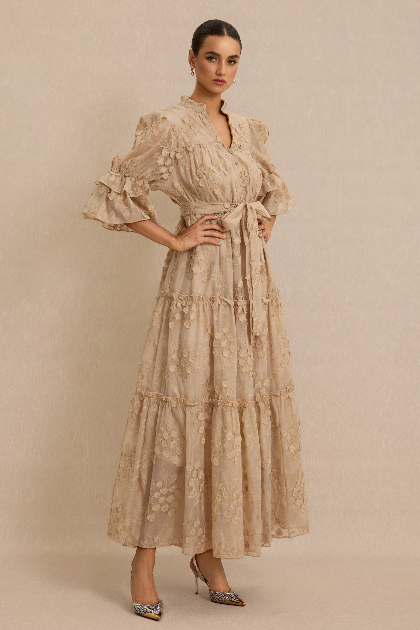 Embroidered Ruffle Midi Dress With Belt