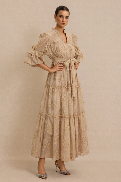 Embroidered Ruffle Midi Dress With Belt