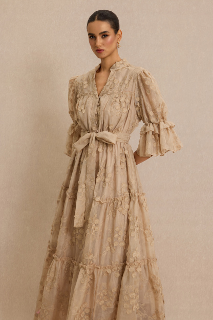 Embroidered Ruffle Midi Dress With Belt
