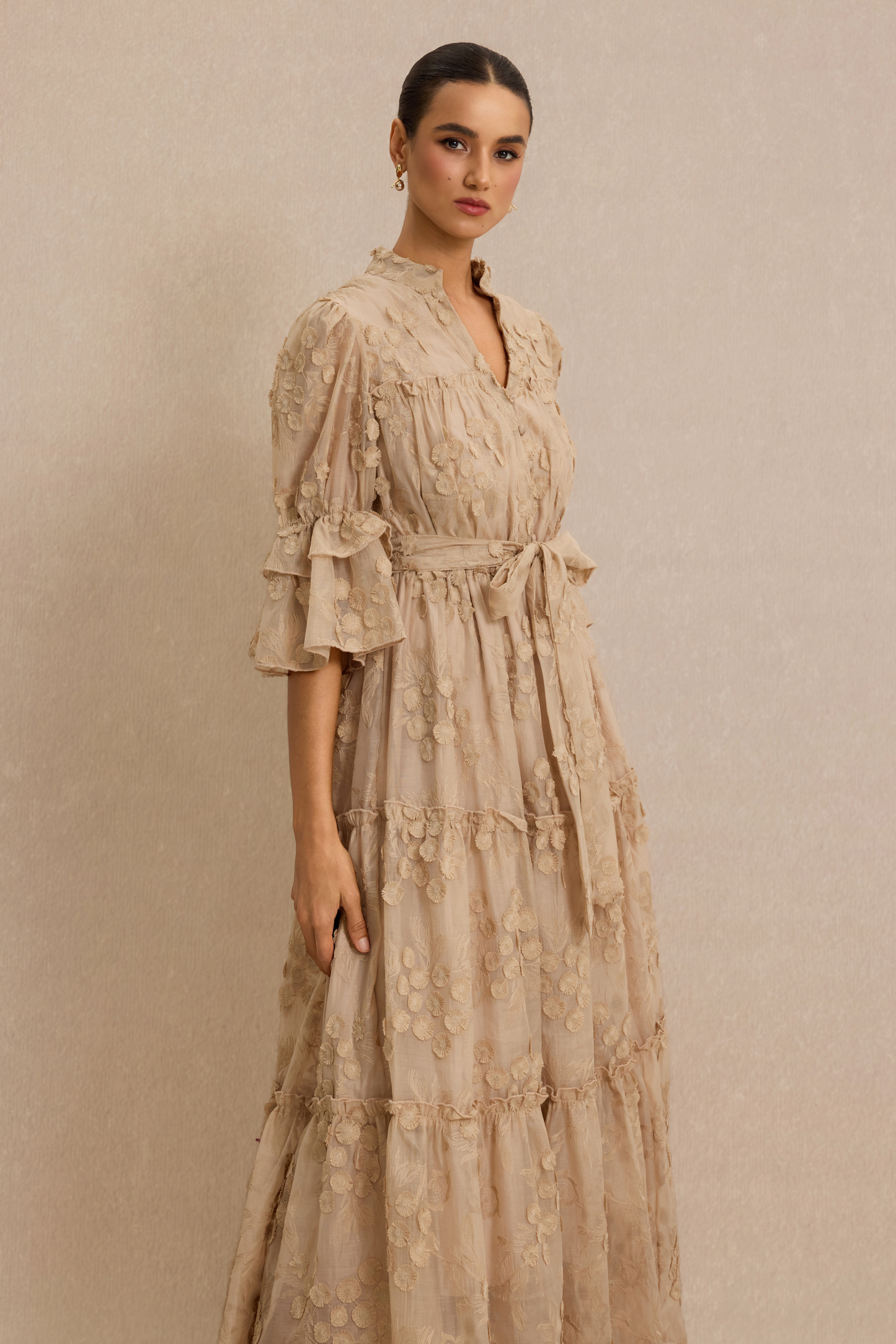 Embroidered Ruffle Midi Dress With Belt