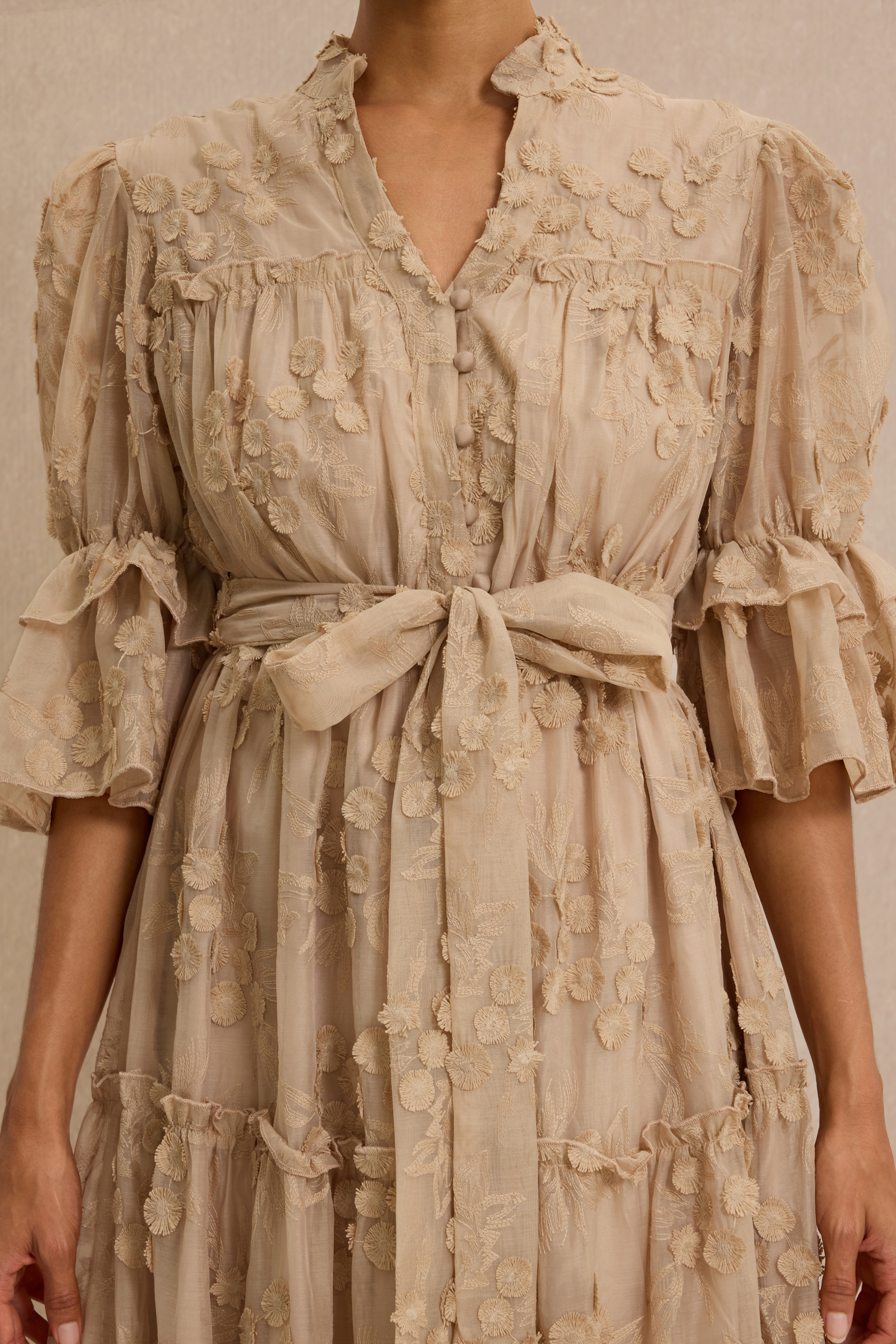 Embroidered Ruffle Midi Dress With Belt