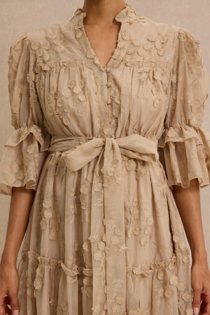 Embroidered Ruffle Midi Dress With Belt