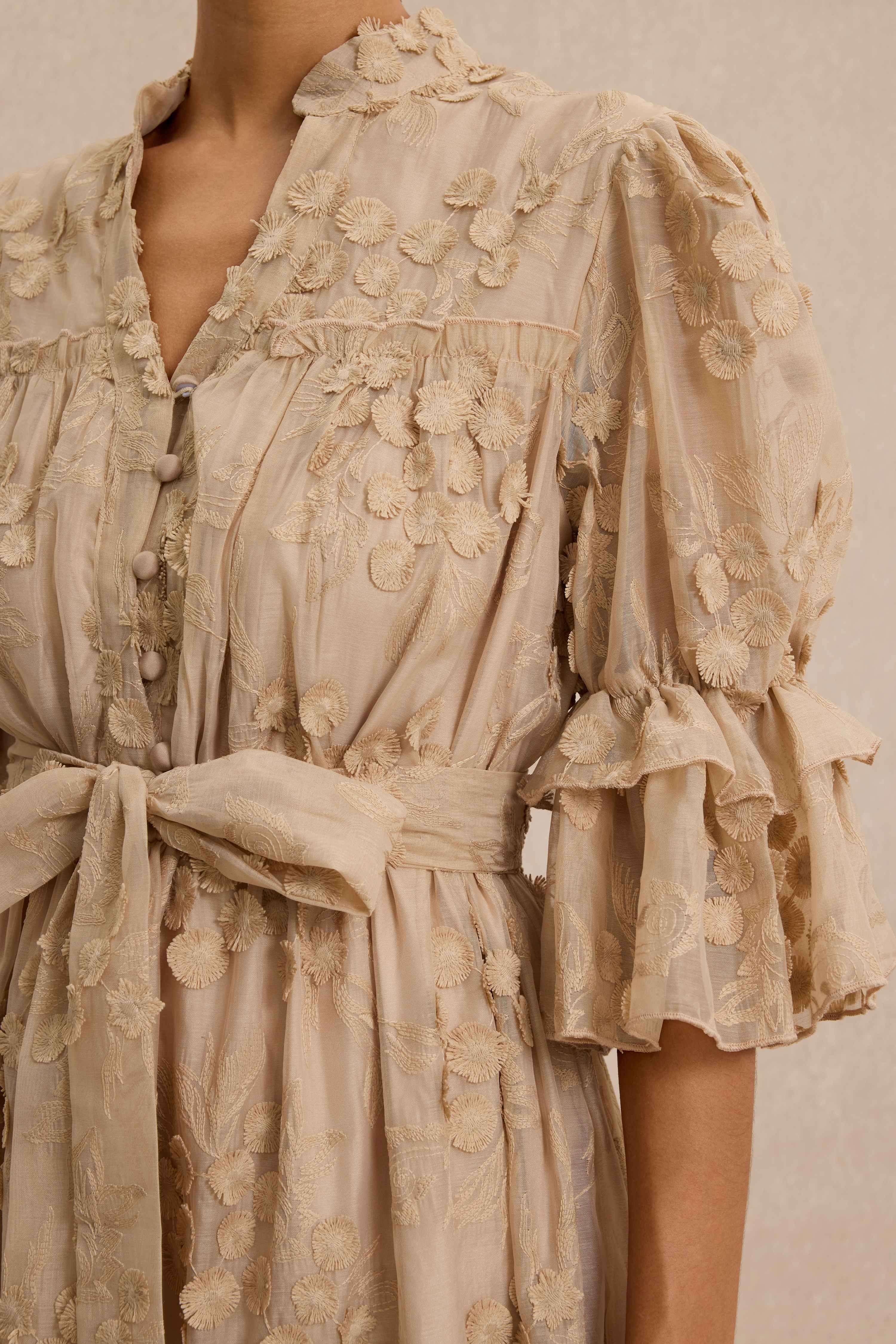Embroidered Ruffle Midi Dress With Belt
