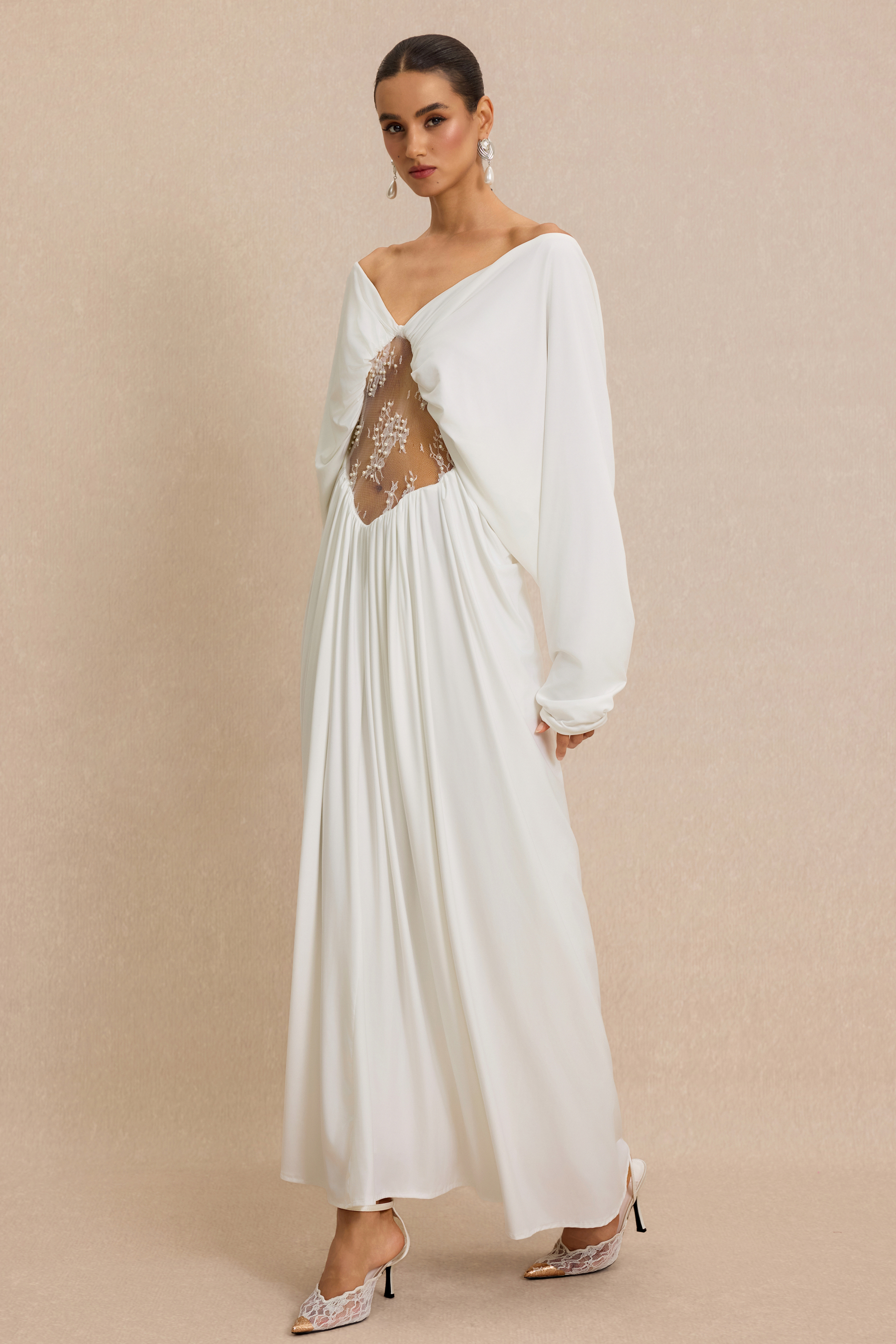 Lace Faux Pearl Gathering Maxi Dress