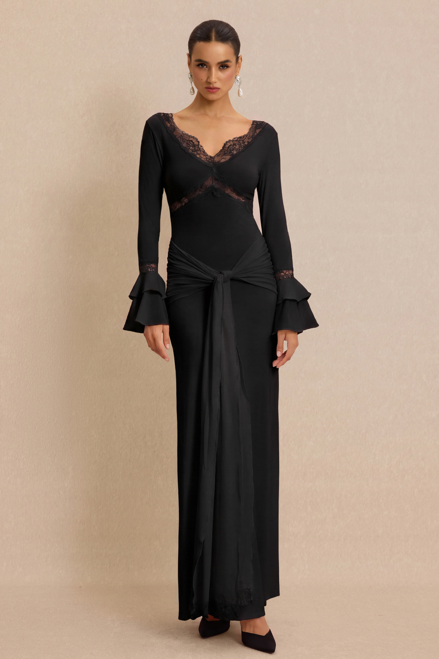 Lace Splicing Jersey Frill Maxi Dress
