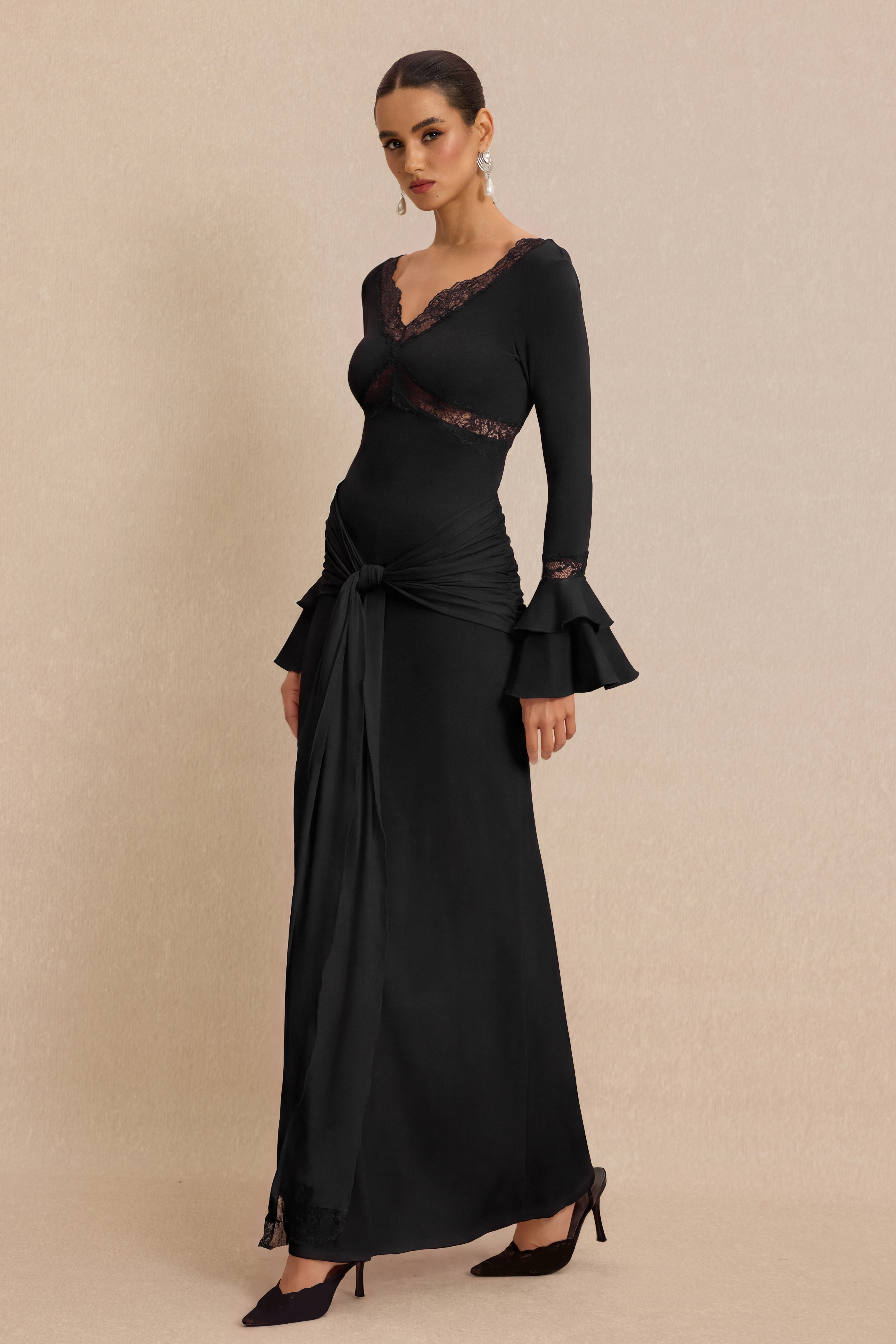 Lace Splicing Jersey Frill Maxi Dress