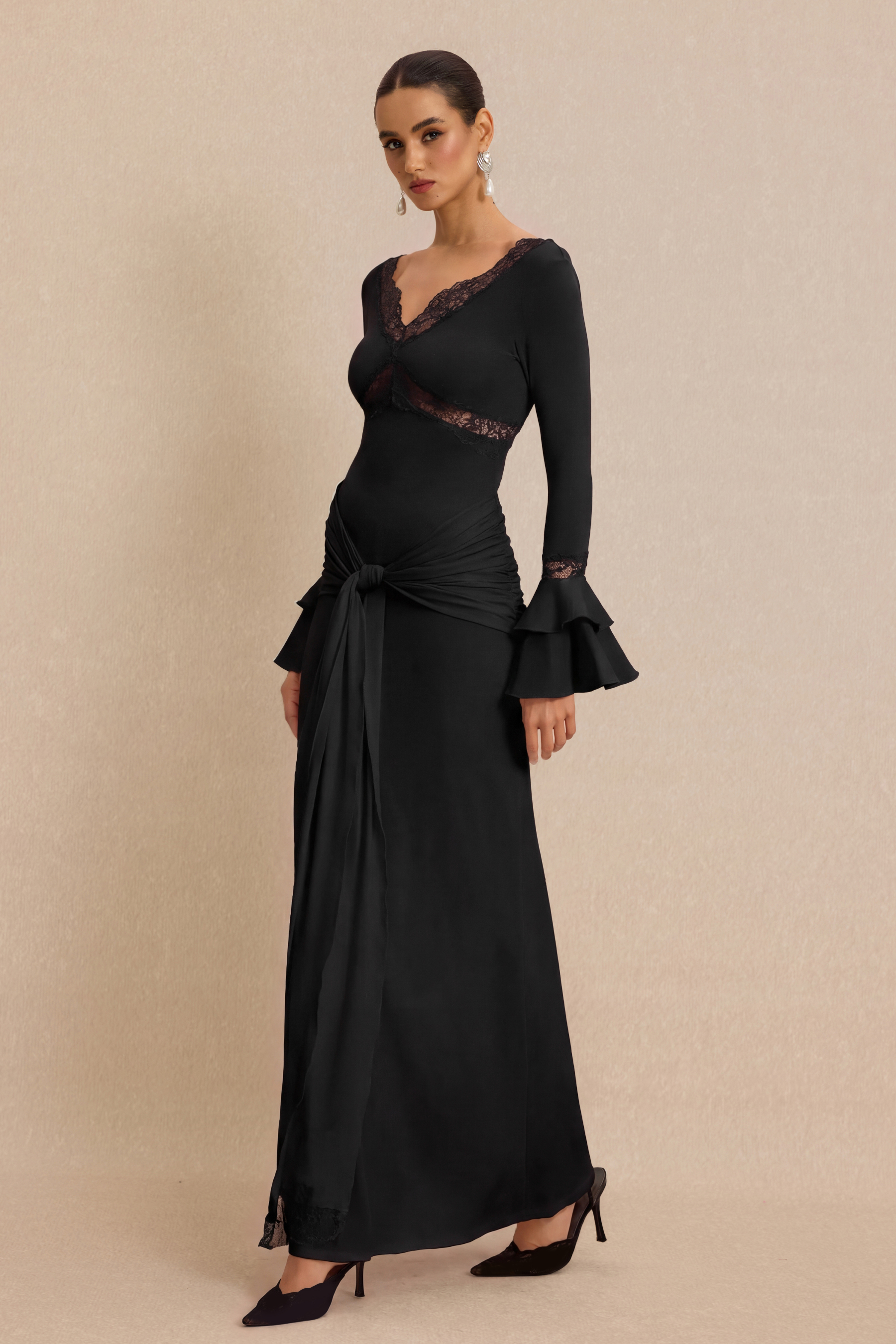 Lace Splicing Jersey Frill Maxi Dress