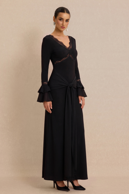 Lace Splicing Jersey Frill Maxi Dress