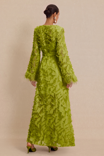 Jacquard Bell Sleeve Feather Midi Dress