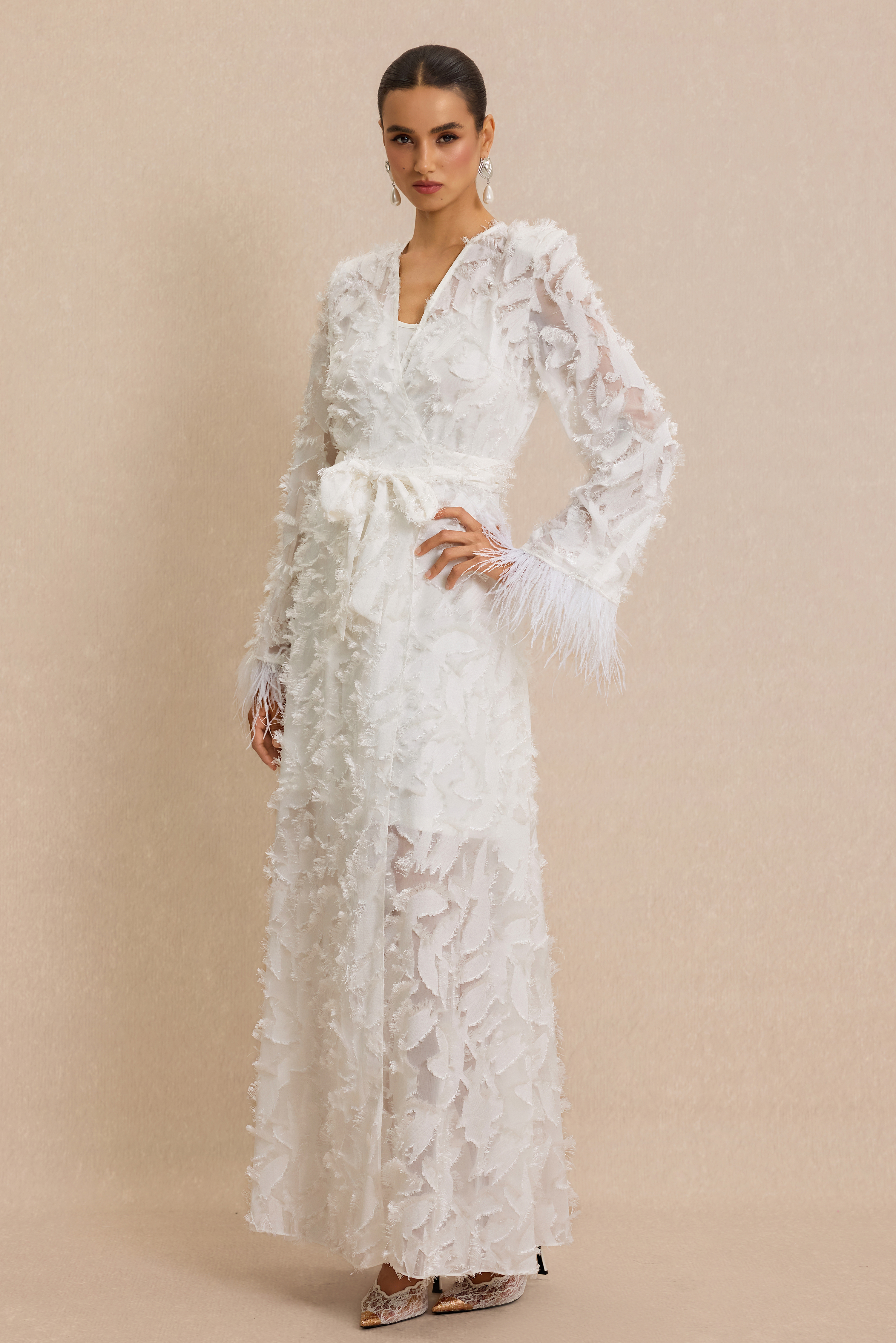 Jacquard Bell Sleeve Feather Midi Dress