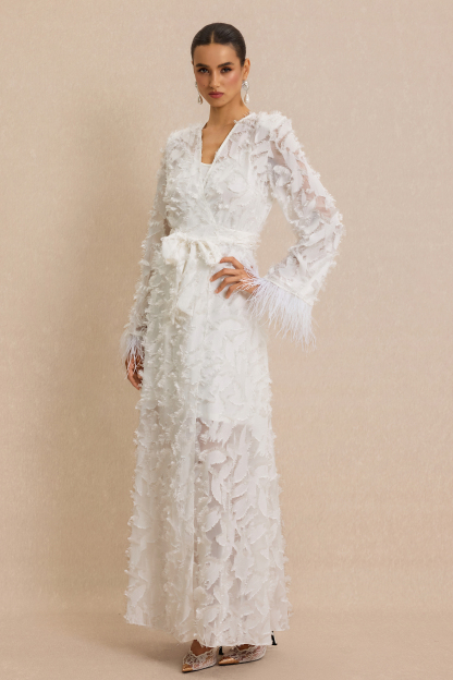 Jacquard Bell Sleeve Feather Midi Dress