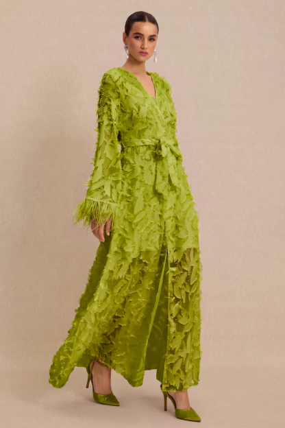 Jacquard Bell Sleeve Feather Midi Dress
