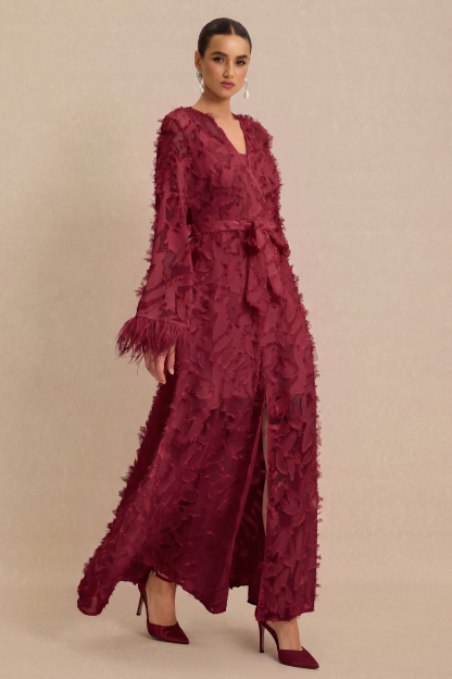 Jacquard Bell Sleeve Feather Midi Dress
