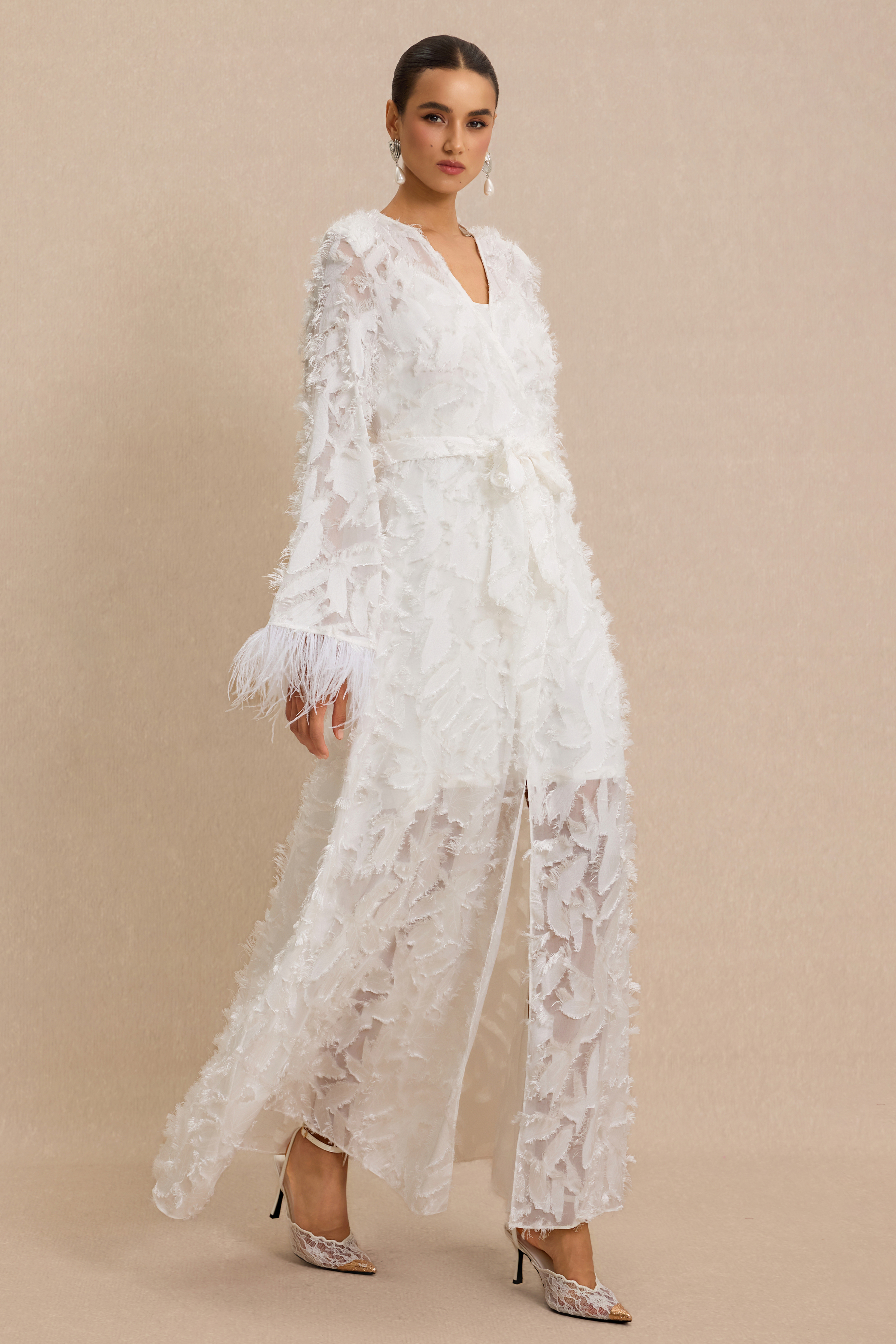 Jacquard Bell Sleeve Feather Midi Dress