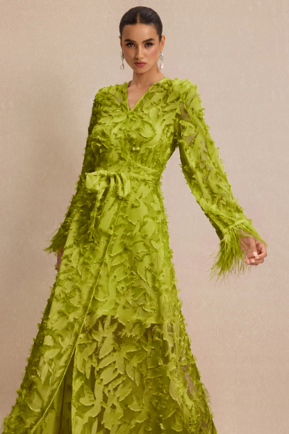 Jacquard Bell Sleeve Feather Midi Dress
