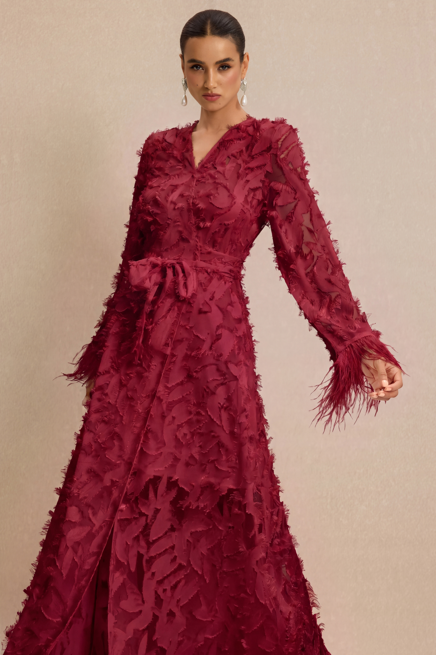 Jacquard Bell Sleeve Feather Midi Dress